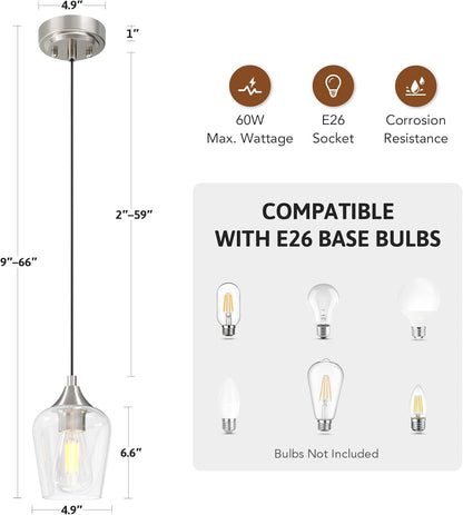 Pendant Light Kitchen Island, Brushed Nickel Pendant Light Fixture with E26 Base & Adjustable Cable, Modern Pendant Lighting with Glass Shade for Living Room Bedroom Hallway