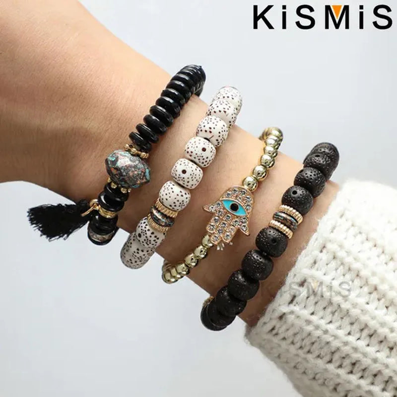 KISMIS 4Pcs/Set Bohemian Mix Bead Multi Layer Versatile Statement Bracelet Stackable Beaded Strand Stretch Bangles Sparkly Crystals Tassel Charms 1Set or 2Sets Optional