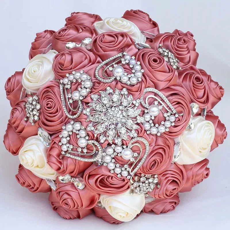 Exquisitely Handmade Ribbon Diamond Bridesmaids Holding Flowers 21CM Pearl Rhinestone Brooch Bridal Bouquet Artificial Silk Rose Wedding Flower Bouquet