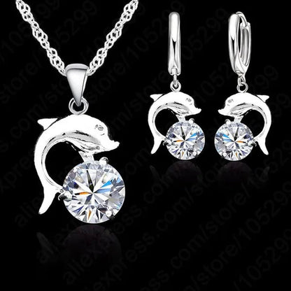 Hot Sale Cute Lovely Dolphin Lever Back Earring Necklace Sets, 925 Sterling Silver White Gold Plated With Crystal Woman Wedding Jewelry