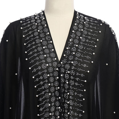 Muslim Dress for Women Loose Batwing Sleeved Hooded Beaded Embroidery Long Abaya Dress Kaftan Abayas Islamic Robe