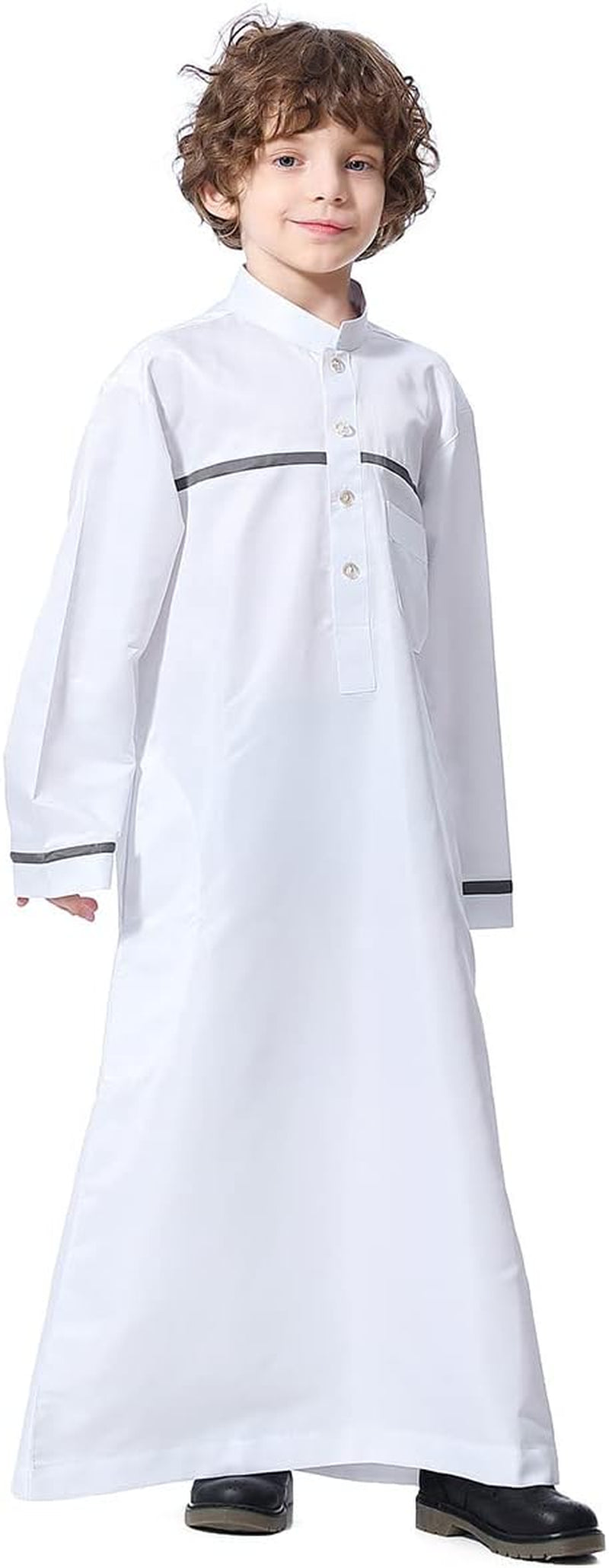 Kids Boys Muslim Thobe Long Sleeve Islamic Arabic Kaftan Robe Middle East Dubai Prayer Outfit with Pocket - WORLD TIME VISITS