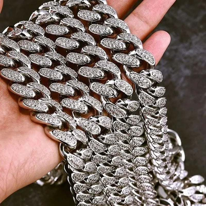 2022 New Gold/Silver Titanium Steel Chain Full Diamond Miami Cuban Link Necklace Men Punk Necklace