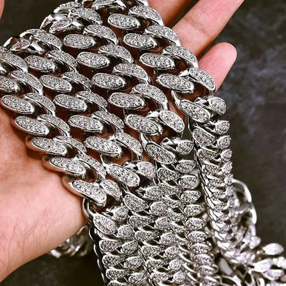2022 New Gold/Silver Titanium Steel Chain Full Diamond Miami Cuban Link Necklace Men Punk Necklace