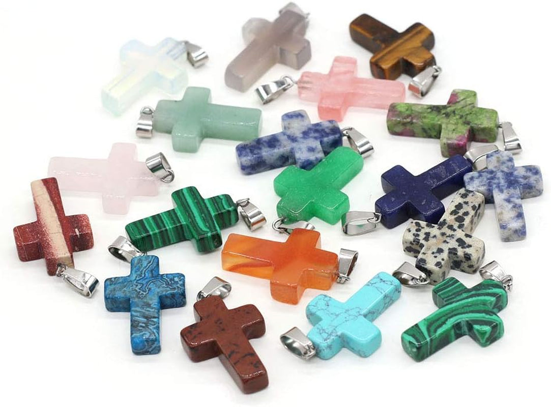 20 Pcs Natural Stone Pendants Cross Gemstone Agate Crystal Healing Charms for Jewelry Making DIY Necklace