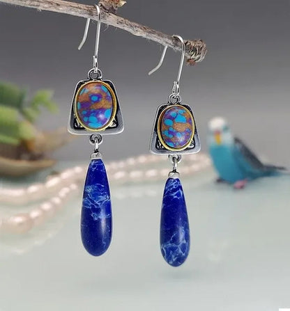 Earrings Bohemian Style Silver Plated Earrings Lapis Blue Stone Dangle Hook Earrings Wedding Engagement Earrings for Women