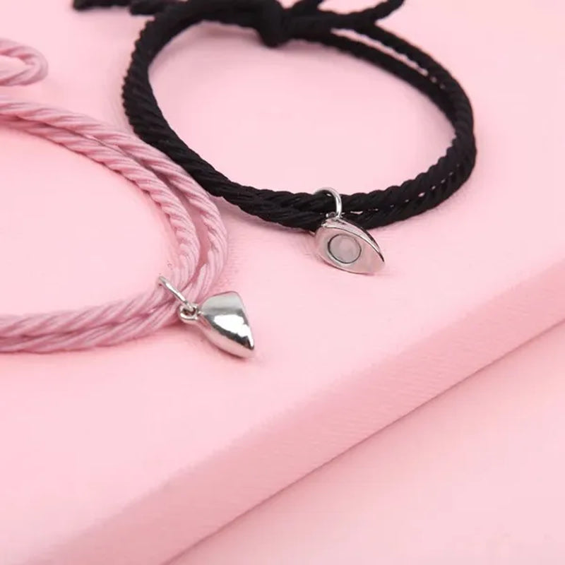 2Pcs Magnetic Bracelet Stainless Steel Heart Pendant Charm Couple Bracelets for Lover Friend Men Women Braid Rope Bracelets - WORLD TIME VISITS