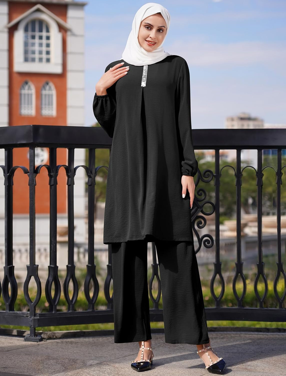 Prayer Clothes for Muslim Women 2 Piece plus Size Sequin Tops Wide Leg Pants Islamic Abayas for Women Dubai Outfits