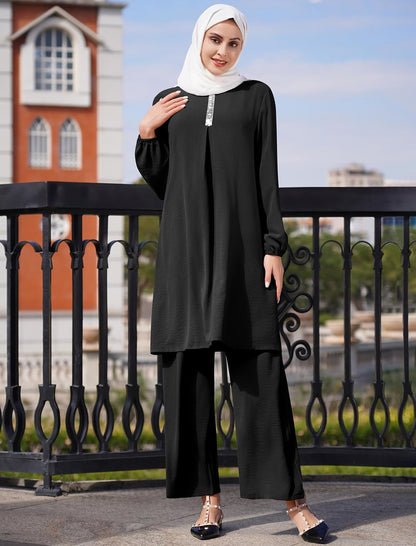 Prayer Clothes for Muslim Women 2 Piece plus Size Sequin Tops Wide Leg Pants Islamic Abayas for Women Dubai Outfits