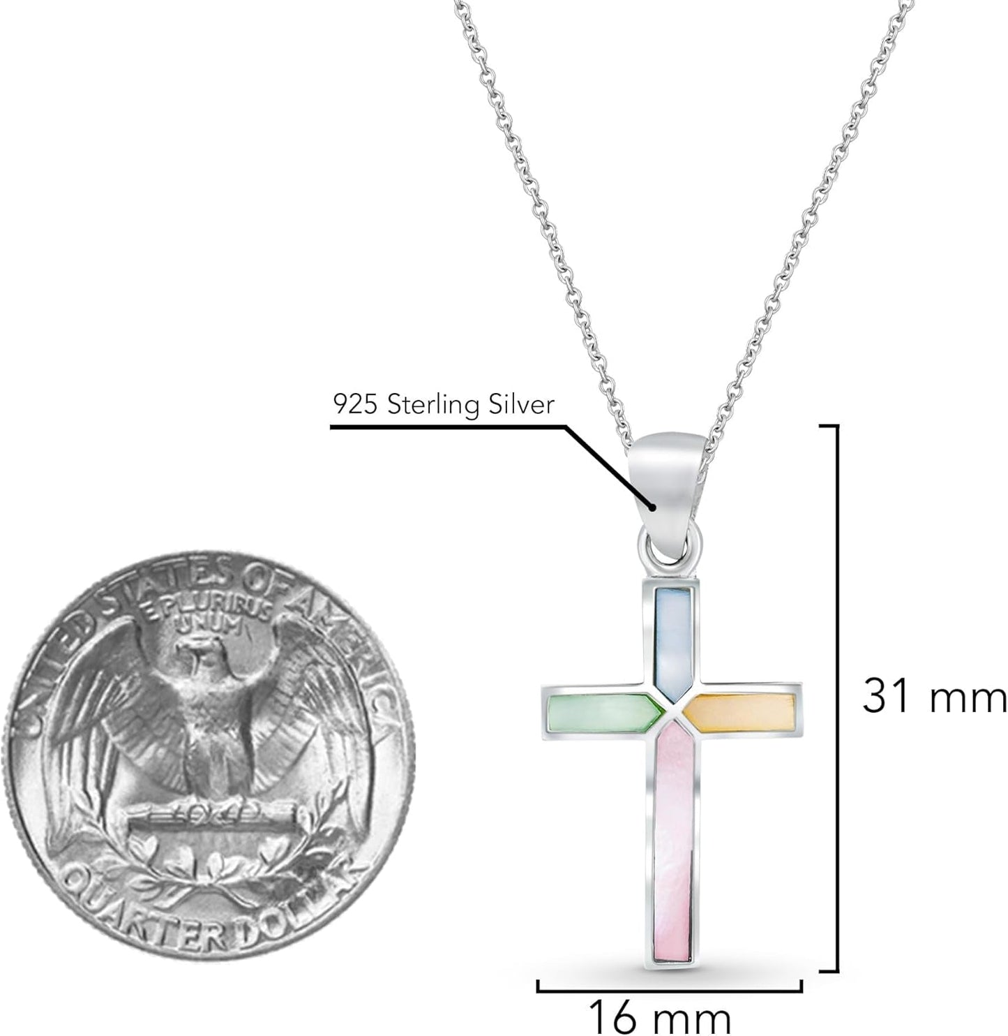 Iridescent Cross of Faith Stone and Shell .925 Sterling Silver Necklace, 18 Inch