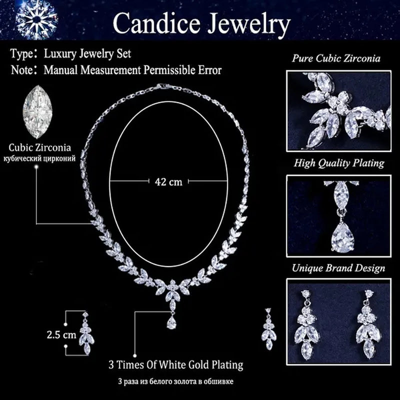 CANDICE Luxury Marquise Cubic Zirconia Pave Bridal Big Flower Pendant Necklace Earrings Jewelry Set High Quality White Gold Plated Water Drop Wedding Brides Jewellry Accessories
