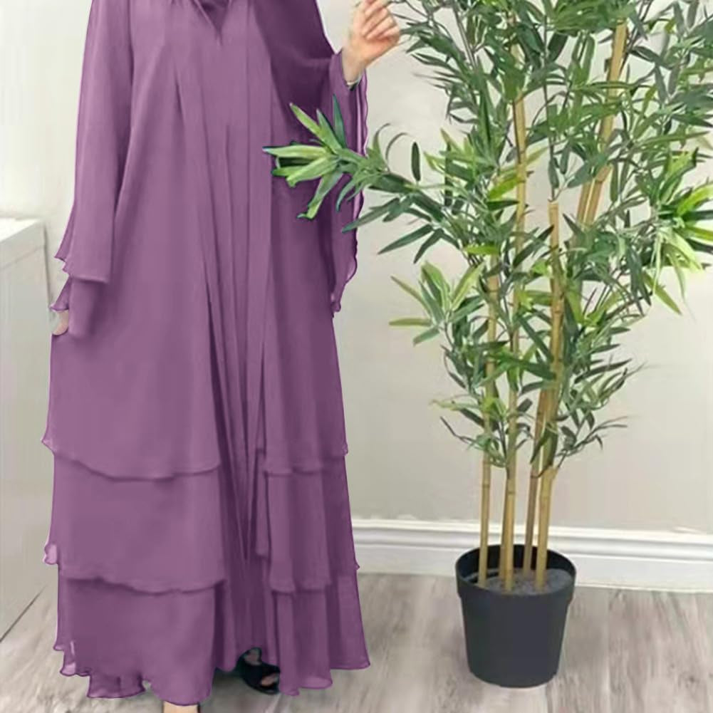 Muslim Chiffon Abaya for Women Open Front Cardigan Modest Dress with Hijab Scarf Middle East Arabian Robe Islamic Long Dress