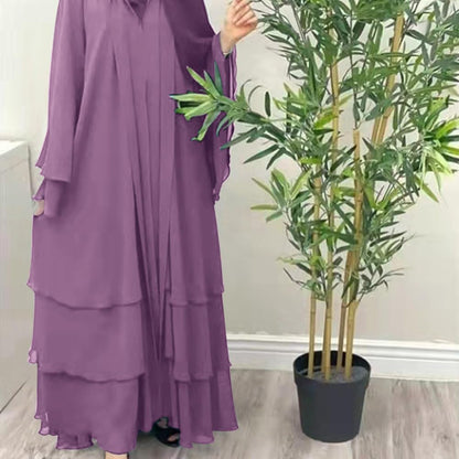 Muslim Chiffon Abaya for Women Open Front Cardigan Modest Dress with Hijab Scarf Middle East Arabian Robe Islamic Long Dress