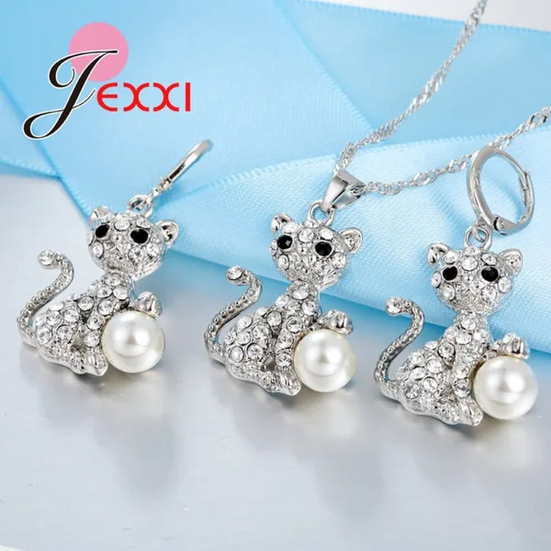 Cute Cat With Fine CZ Diamond And Pearl Ball 925 Sterling Silver Fashion Jewelry Set With Necklace/Earings Wholesale