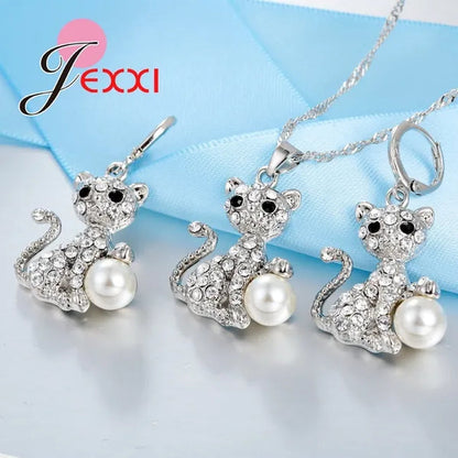 Cute Cat With Fine CZ Diamond And Pearl Ball 925 Sterling Silver Fashion Jewelry Set With Necklace/Earings Wholesale
