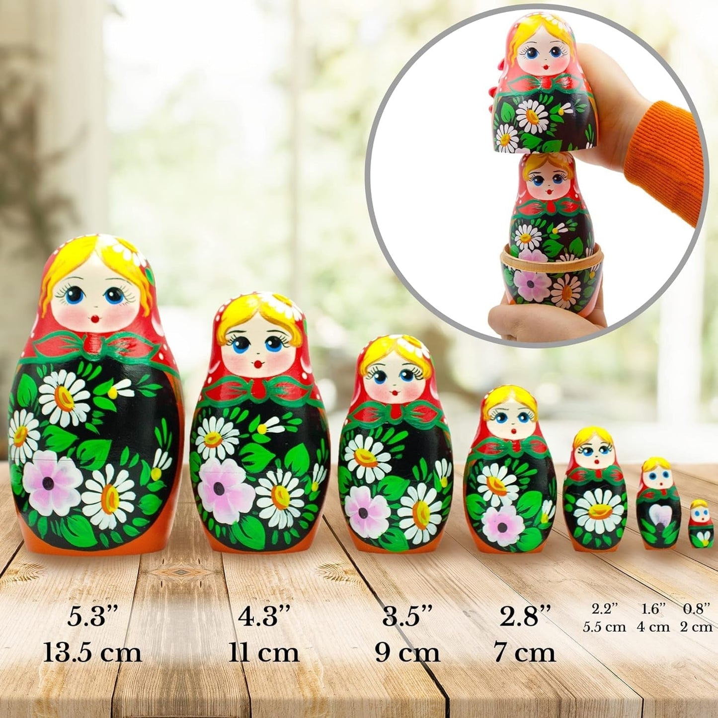 Russian Nesting Dolls Set of 7 Pcs - Matryoshka Doll with Hand Painted Bouquet of Lily and Daisy Flowers - Flower Summer Decorations