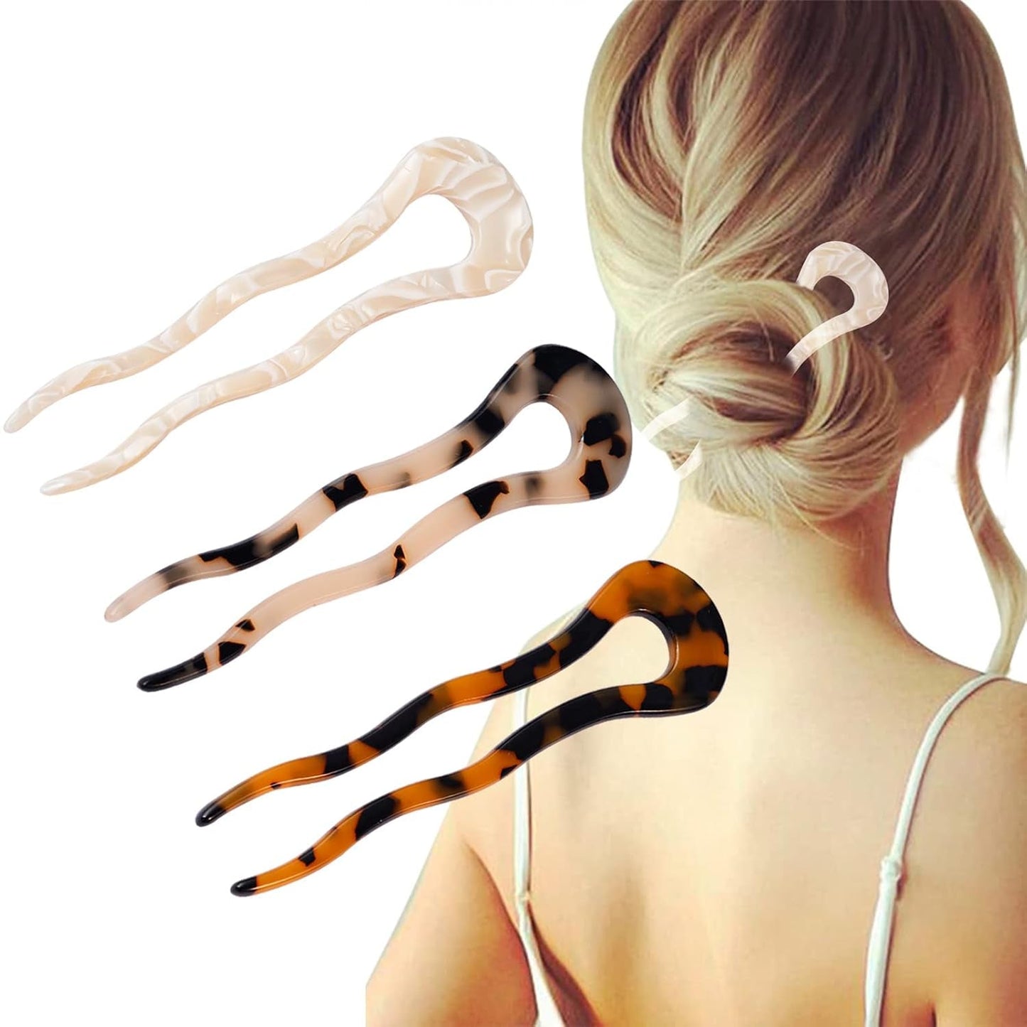 4.6Inch U Shaped Acetate French Hair Pin Tortoise Shell 2 Prong Bun Hair Sticks for Women Thick Long Hair(Pack of 3)