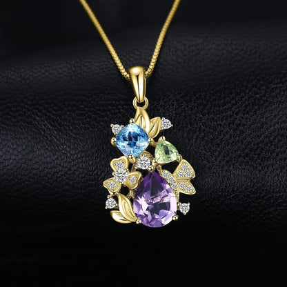 Flower Genuine Amethyst Peridot Blue Topaz Pendant Necklace for Women, Multicolor 925 Sterling Silver Necklaces, Natural Gemstone Jewelry Sets 18 Inches Chain