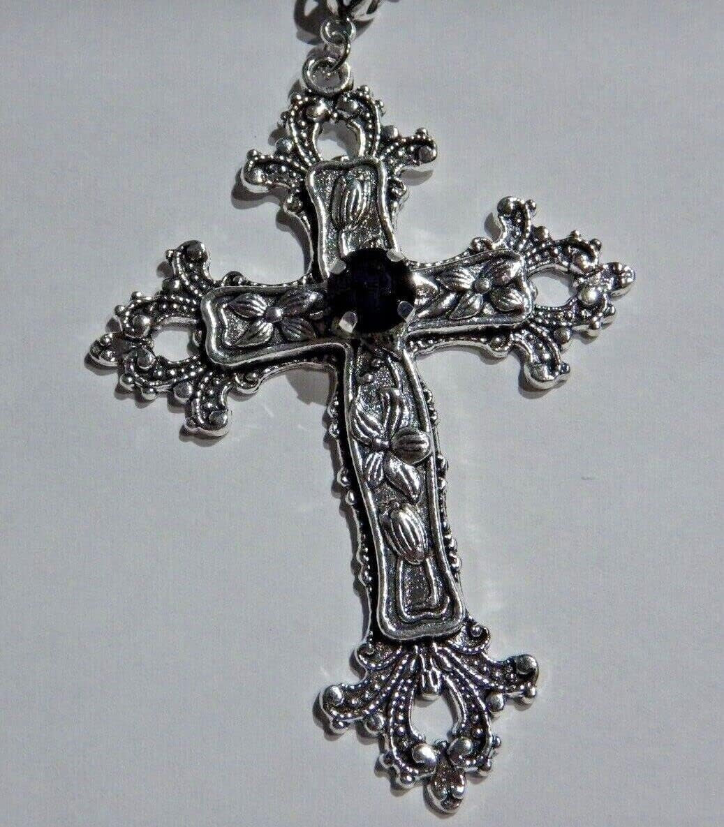Large Gothic Cross Necklace Silver-Tone Pendant with Glass Stone, on 24" Steel Chain…
