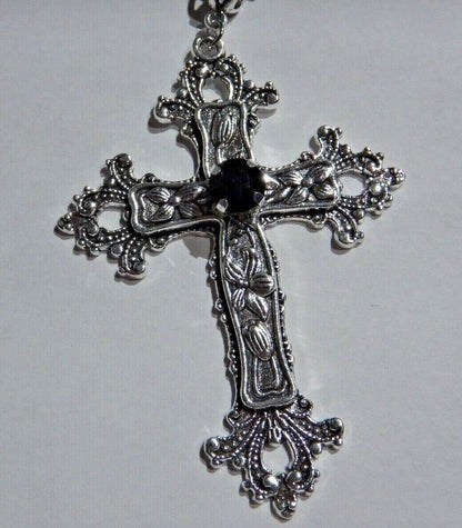 Large Gothic Cross Necklace Silver-Tone Pendant with Glass Stone, on 24" Steel Chain…