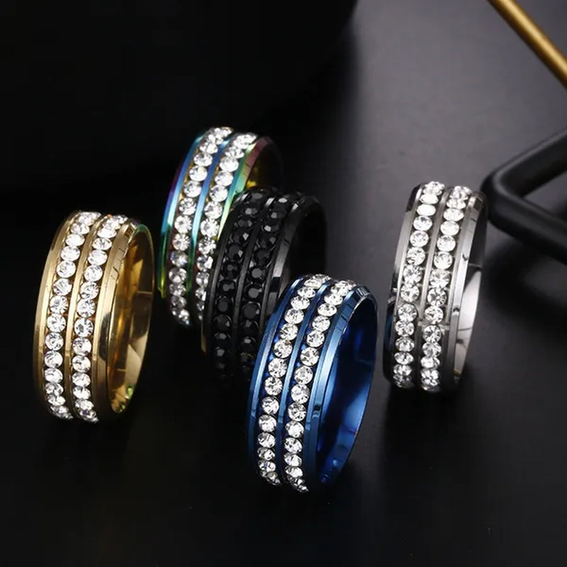 Fashion Exquisite Women Men 8mm Stainless Steel Unique Double Row Crystal Diamond Ring Wedding Band Jewelry Gifts(Size 5-13)