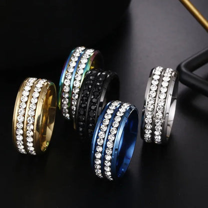 Fashion Exquisite Women Men 8mm Stainless Steel Unique Double Row Crystal Diamond Ring Wedding Band Jewelry Gifts(Size 5-13)
