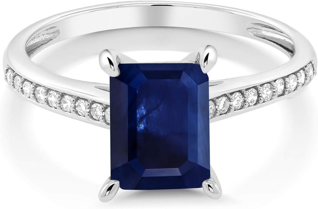 10K White Gold Emerald Cut 8X6MM Gemstone Birthstone and White Diamond Engagement Ring | Wedding Anniversary Promise Gold Ring for Women | Available in Size 5-9
