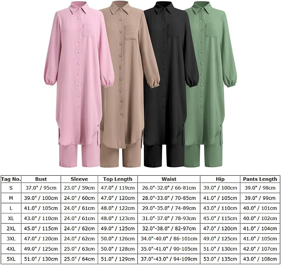 Women'S Muslim 2 Pieces Sets Long Sleeve Button down Shirt and Pants Abaya Casual Dress Dubai Outfits