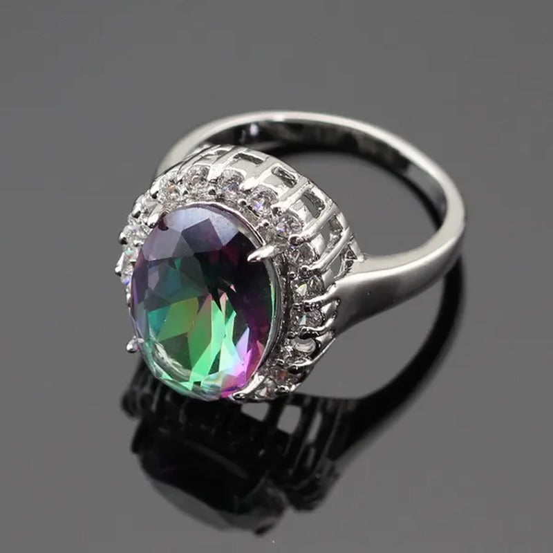 Huge round 925 Sterling Silver Jewelry Sets Multicolor Rainbow Topaz White Topaz Necklace Pendant Drop Earrings Ring for Women Free Gift Box