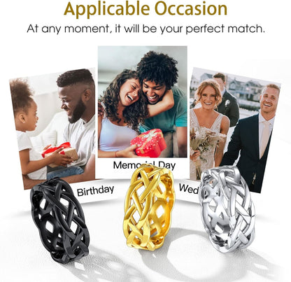 Celtic Rings in Three Classic Style, Solid Stainless Steel Band Ring in Gold/Silver/Black Tone, Simple Celtic Knot Eternity Finger Ring for Friendnship Wedding Engagement Promise