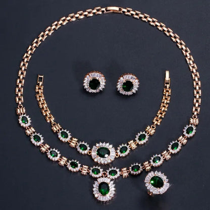 CANDICE Dubai Wedding 4 Pieces Set Elegant Red Zirconia Paved Yellow Gold Plated Engagement Party Ring Earrings Bracelet Necklace Sets for Women