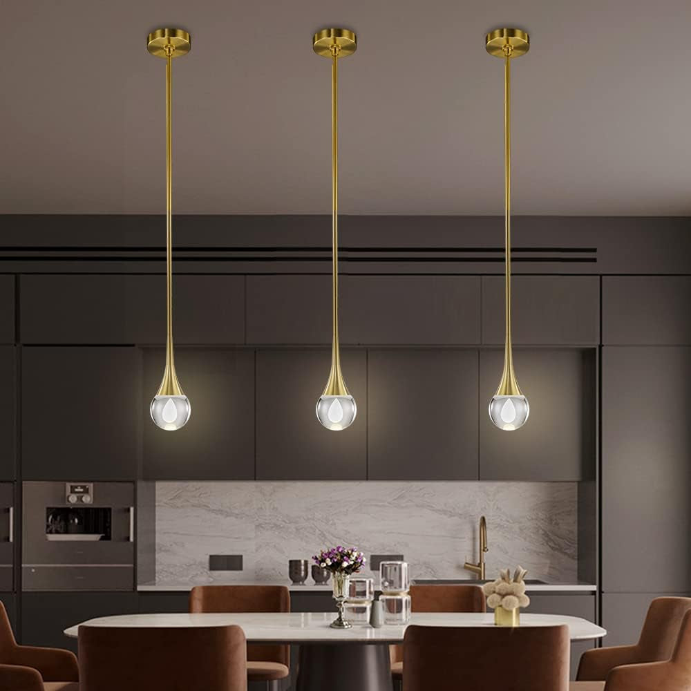 Pendant Light Fixtures 1-Light Mini Pendant Lighting for Kitchen，Gold Globe Pendant LED Light Fixture，Teardrop Crystal Pendant Light for Bedroom Dining Room Bar