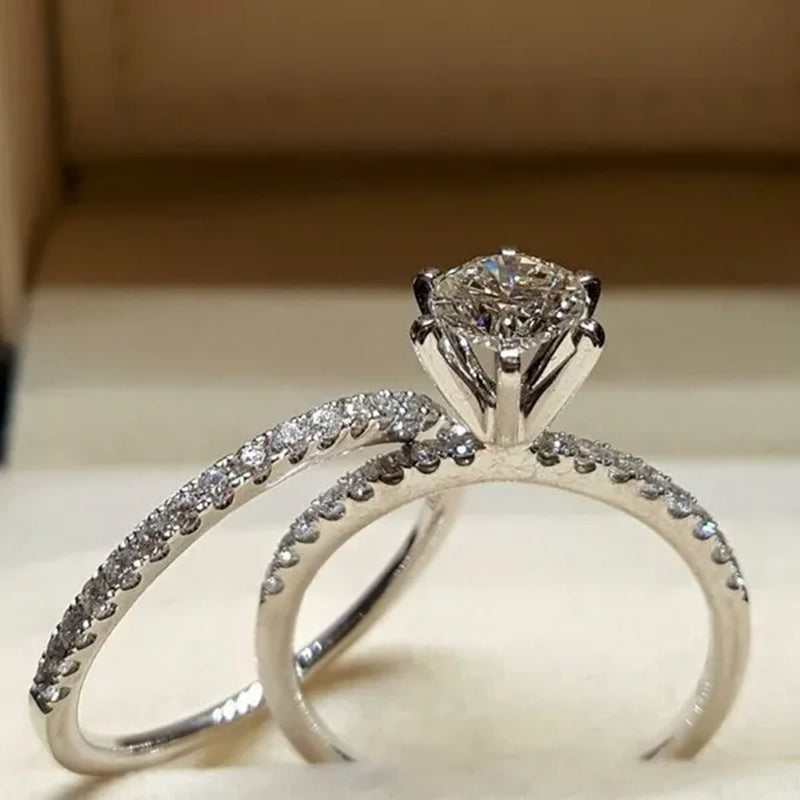 Fashion Simple 925 Pure Silver round White Diamond Engagement Wedding Anniversary Love Ring Size 6-10