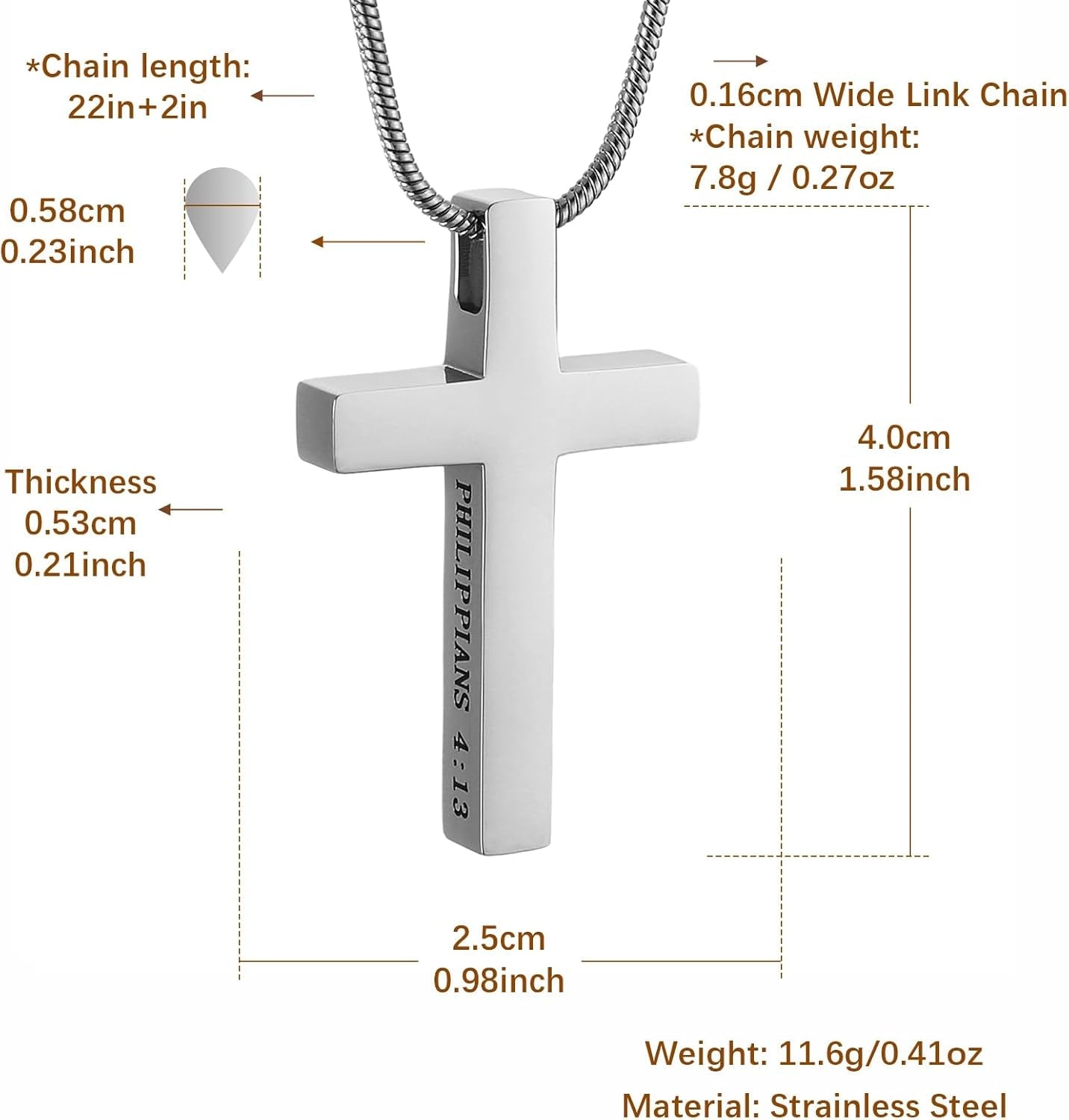 Philippians 4:13 Cross Pendant STRENGTH Bible Verse Stainless Steel Necklace