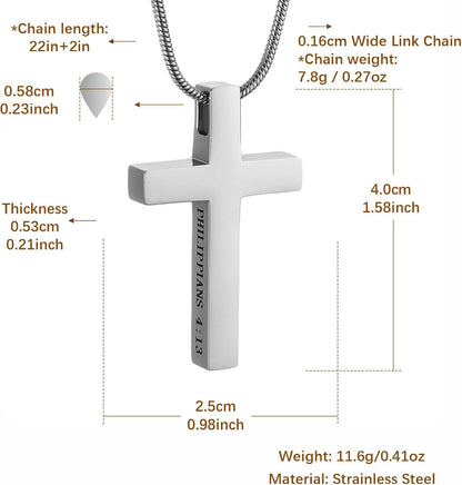 Philippians 4:13 Cross Pendant STRENGTH Bible Verse Stainless Steel Necklace