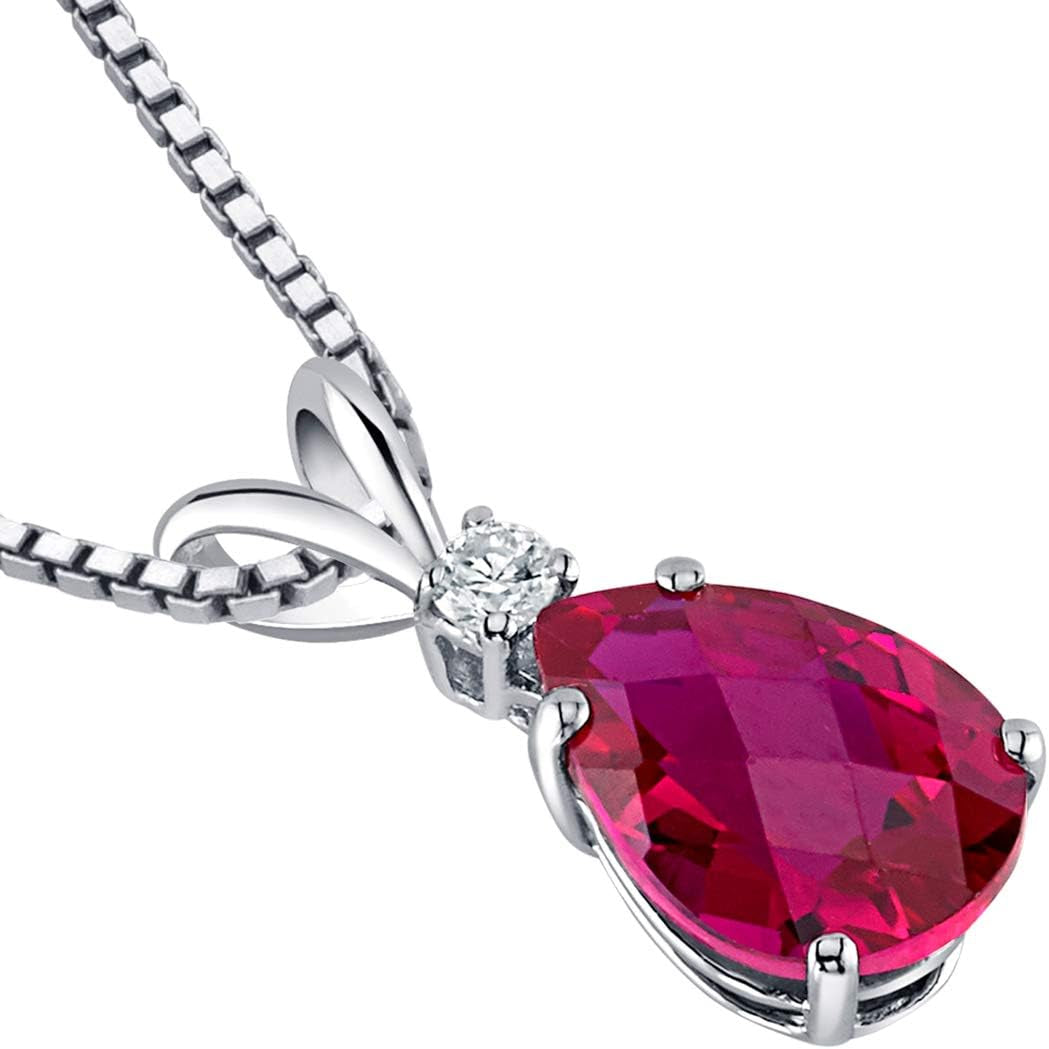 14K White Gold 2.50 Carats Created Ruby with Genuine Diamond Pendant, Elegant Teardrop Solitaire, AAA Grade Pear Shape 10X7Mm