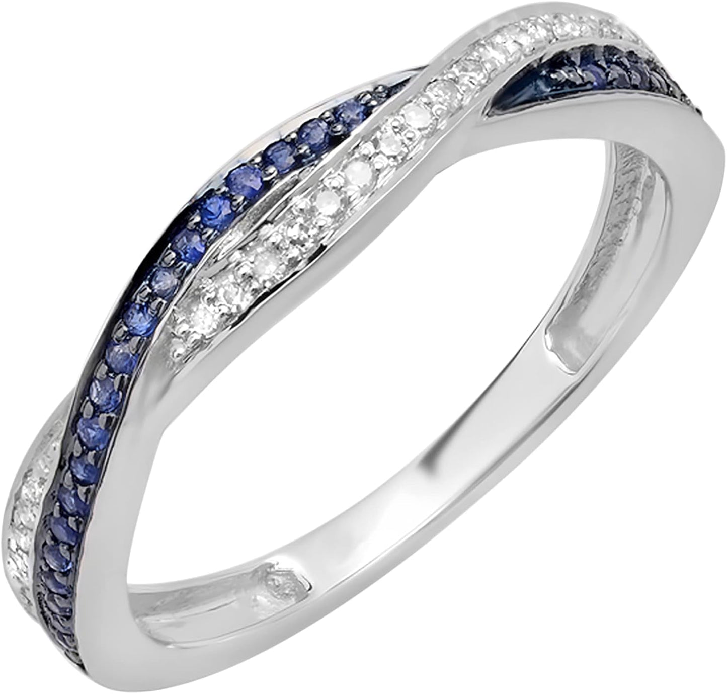 round Blue Sapphire & White Diamond Swirl Wedding Ring for Women in Solid Gold - WORLD TIME VISITS