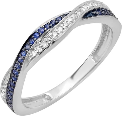 round Blue Sapphire & White Diamond Swirl Wedding Ring for Women in Solid Gold - WORLD TIME VISITS