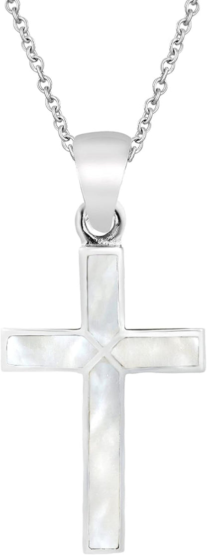 Cross of Faith Necklace – 925 Sterling Silver 18 Inch Chain | Iridescent Shell and Stone Pendant | Perfect Religious Gift - WORLD TIME VISITS