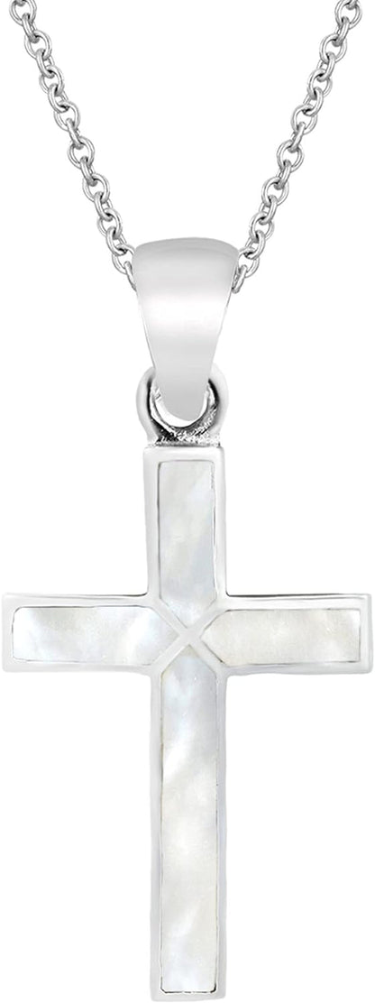 Spiritual Cross of Faith Inlaid White Mother of Pearl .925 Sterling Silver Pendant Necklace | Religous Necklace Jewelry for Women | Jewelry Gift