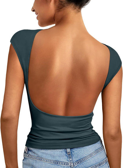 Womens Backless Tops Open Back Shirts Summer Crop Shirts Short Sleeve Cute Clothes Y2K Clothing 2025 - WORLD TIME VISITS