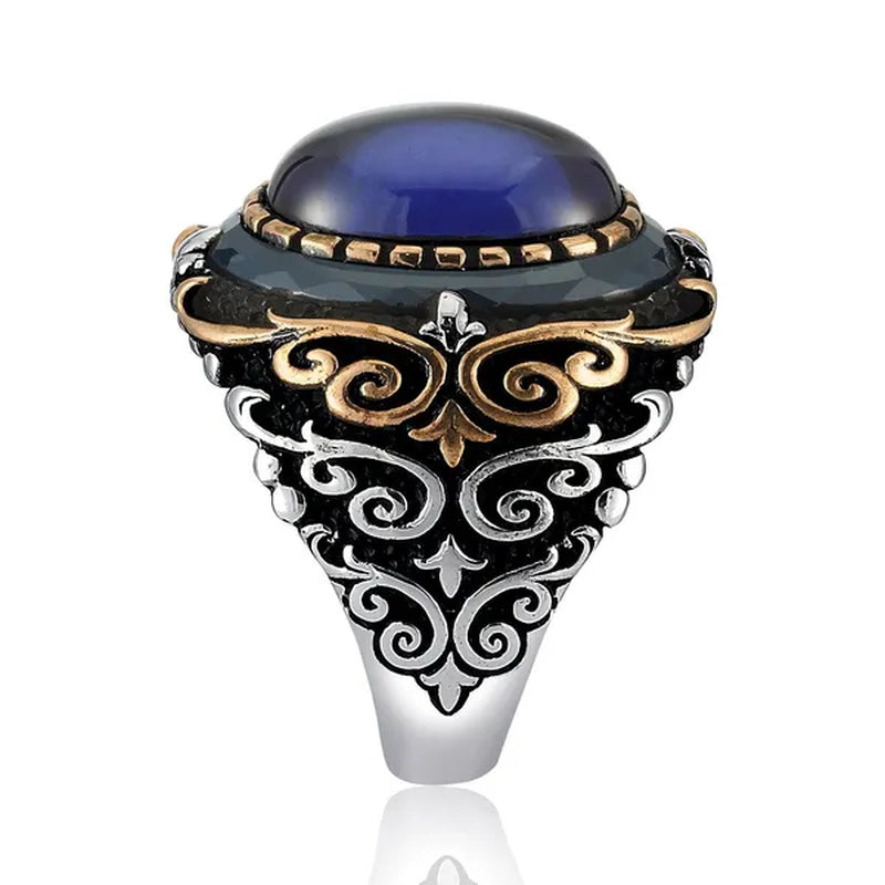 Hand Engraved 925 Sterling Silver Blue Sapphire Ring Fine Jewelry Fashion Accessory Rings For Men Gift For Him