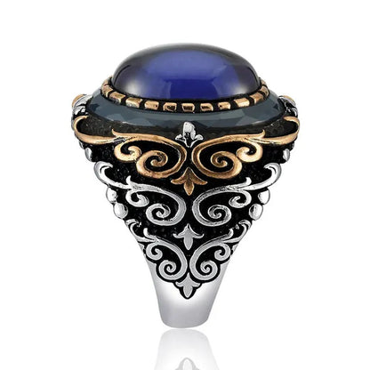 Hand Engraved 925 Sterling Silver Blue Sapphire Ring Fine Jewelry Fashion Accessory Rings For Men Gift For Him