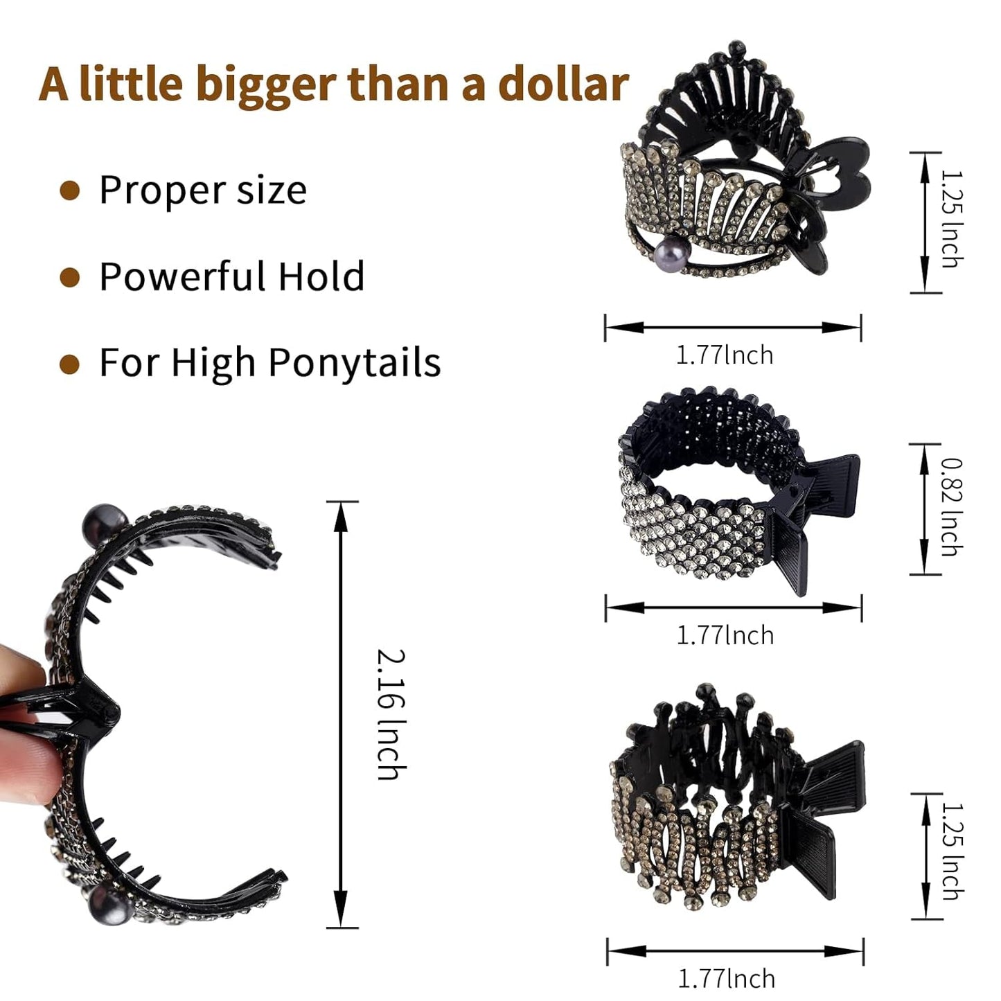 1.77Inch Small Hair Claw Clips for High Ponytail, Rhinestone Shark Hair Clips for Women Thick Long Hair (Black,Pack of 3)