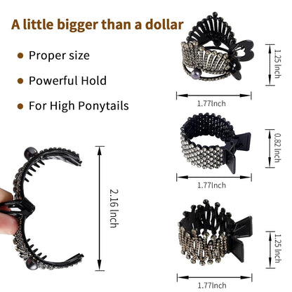 1.77Inch Small Hair Claw Clips for High Ponytail, Rhinestone Shark Hair Clips for Women Thick Long Hair (Black,Pack of 3)