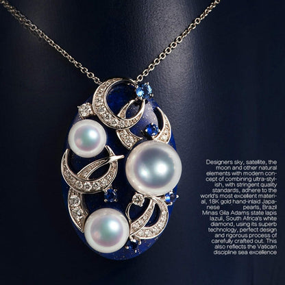 18K Gold Necklaces for Women Womens Necklaces Diamond 0.7Ct Moon Lapis Lazuli round Pearl Pendant Necklaces Silver