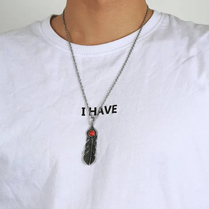 Jewelry Creative Ruby Feather Pendant Stainless Steel Necklace Ins Titanium Steel Retro Male