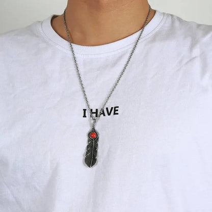 Jewelry Creative Ruby Feather Pendant Stainless Steel Necklace Ins Titanium Steel Retro Male