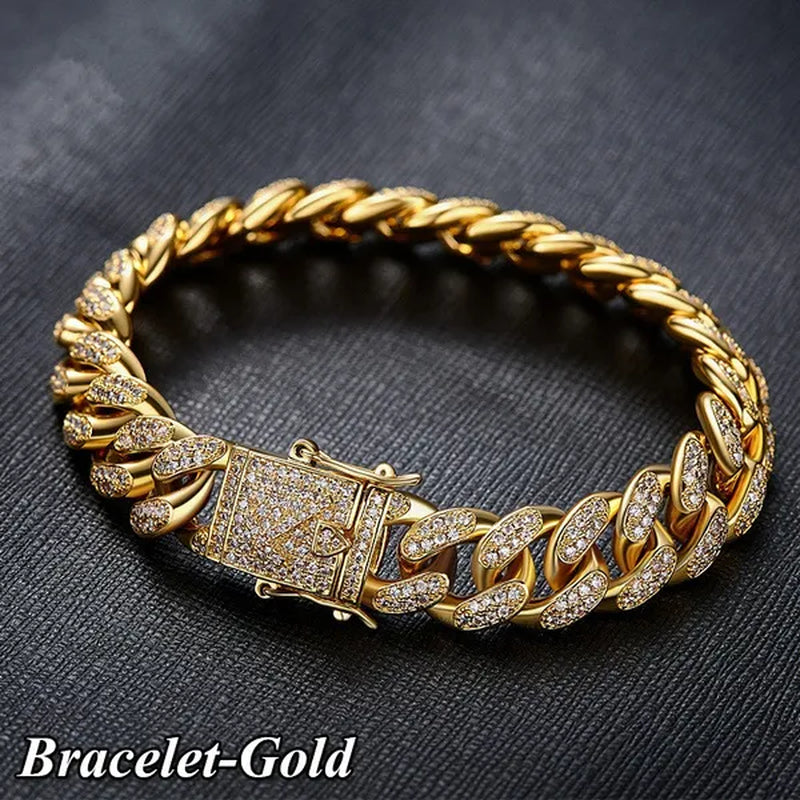 Gold/Silver Stainless Steel Hip Hop Jewelry Iced Out Rhinestone Thick Miami Cuban Link Chain Necklace Bracelet 7-28 Inch