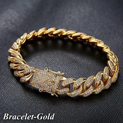 Gold/Silver Stainless Steel Hip Hop Jewelry Iced Out Rhinestone Thick Miami Cuban Link Chain Necklace Bracelet 7-28 Inch